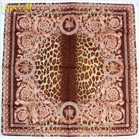 VERSACE beige Wild Barocco CROWNS brown LEO Spots 35" Silk scarf NWT +🎁envelope - Picture 2 of 6